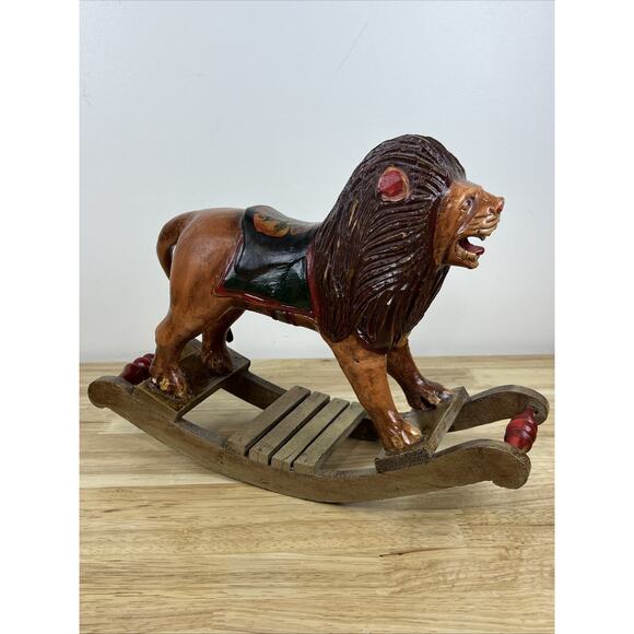 Vintage Hand Carved Folk Art Wooden Rocking Lion 13”x 10” Hand Painted - Picture 3 of 10